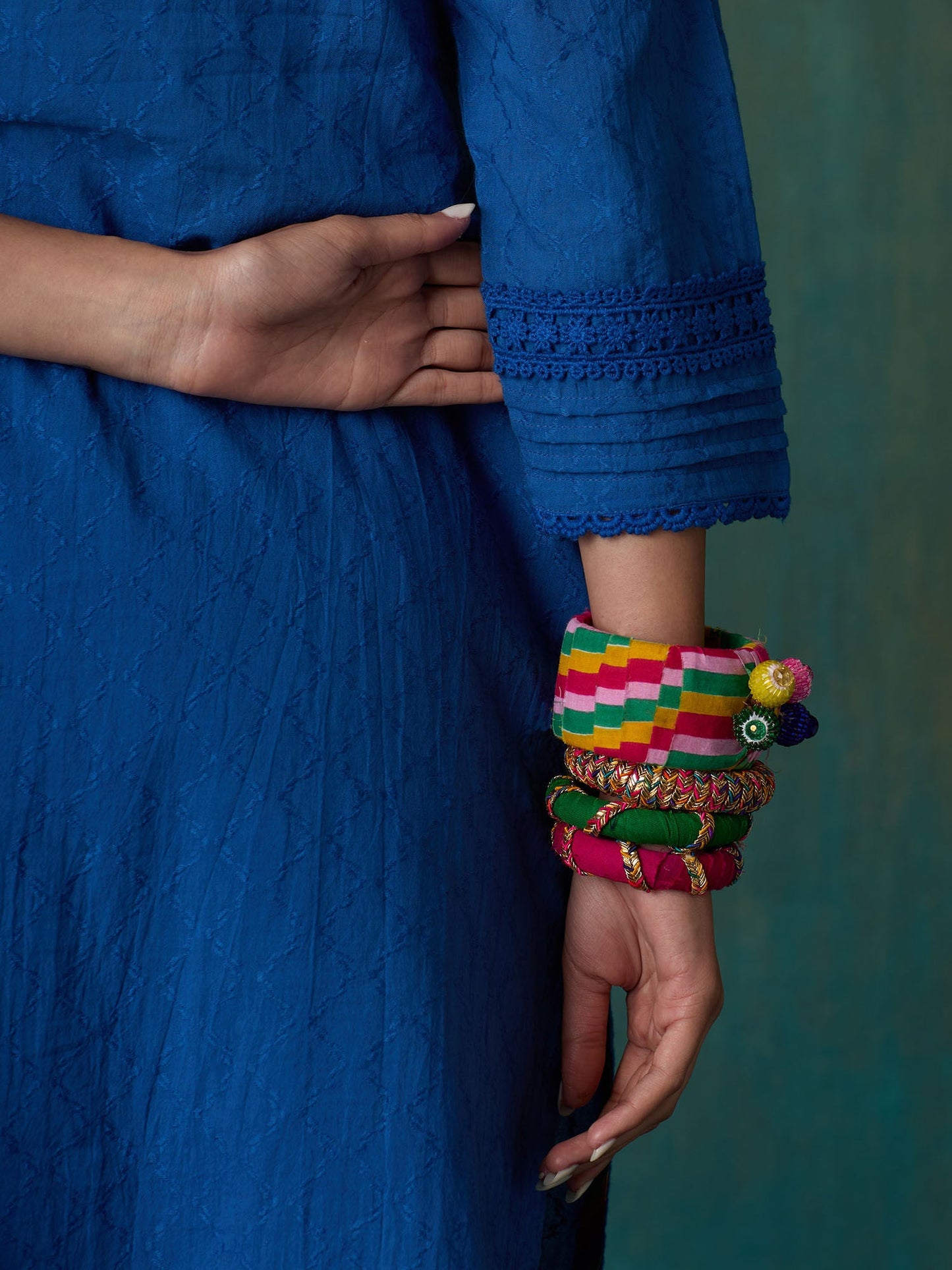 Likha Blue Ethnic Bloom Cotton Dobby with Laces Co-ord Set LIKSKD288 (Set of 2)