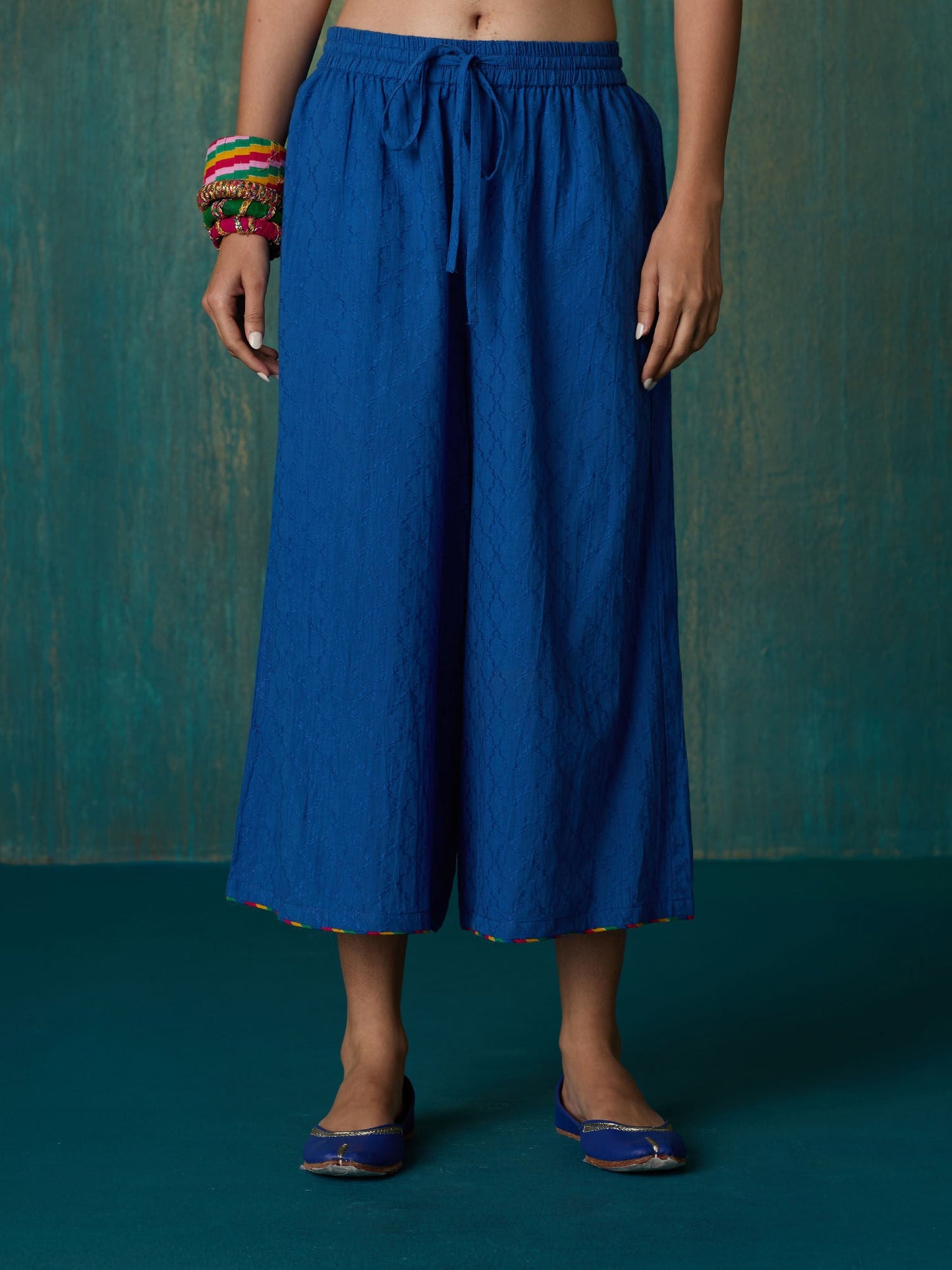 Likha Blue Ethnic Bloom Cotton Dobby with Laces Co-ord Set LIKSKD288 (Set of 2)