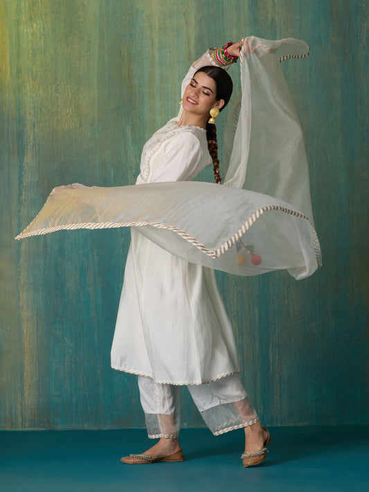 Likha White Tyohar Embroidered Kurta Pant & Organza Dupatta LIKSKD287 (Set of 3) - XL