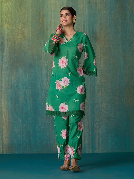 Likha Green Ethnic Bloom Floral Printed with Laces Co-ord Set LIKSKD290 (Set of 2)