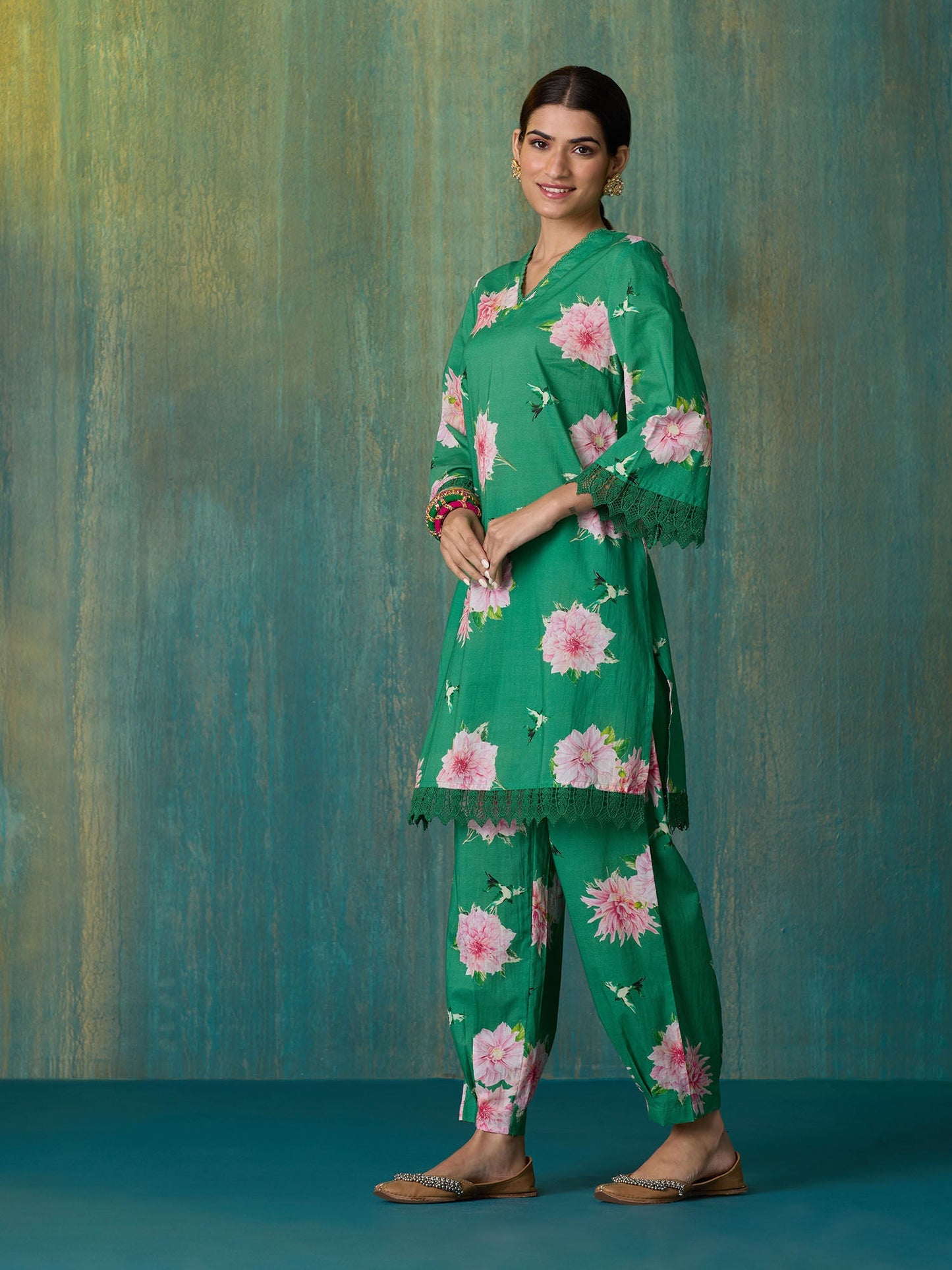 Likha Green Ethnic Bloom Floral Printed with Laces Co-ord Set LIKSKD290 (Set of 2)