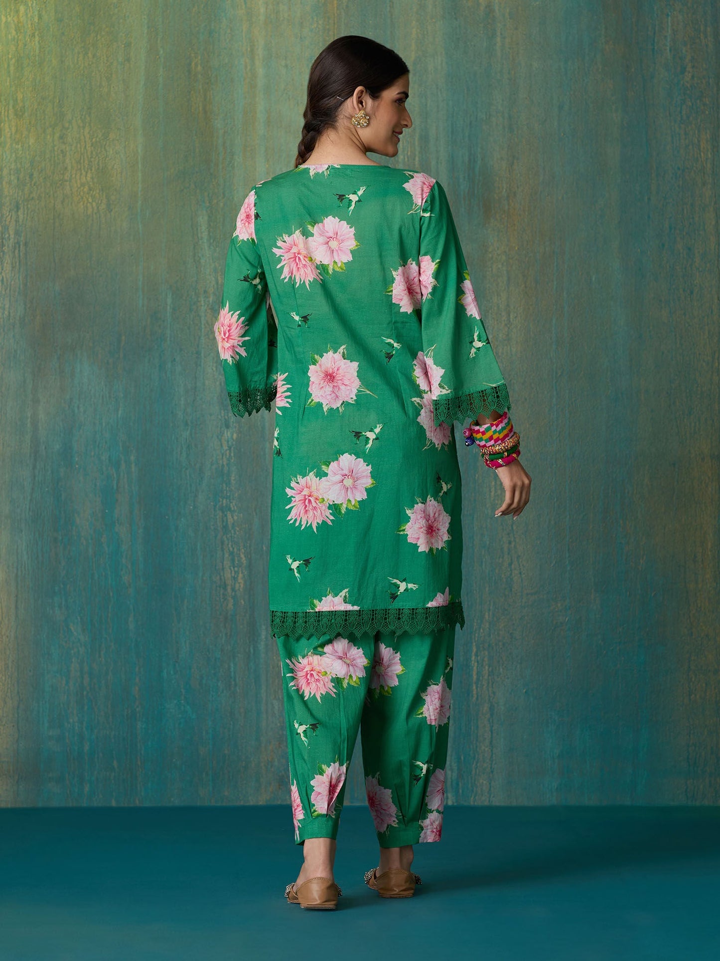 Likha Green Ethnic Bloom Floral Printed with Laces Co-ord Set LIKSKD290 (Set of 2)