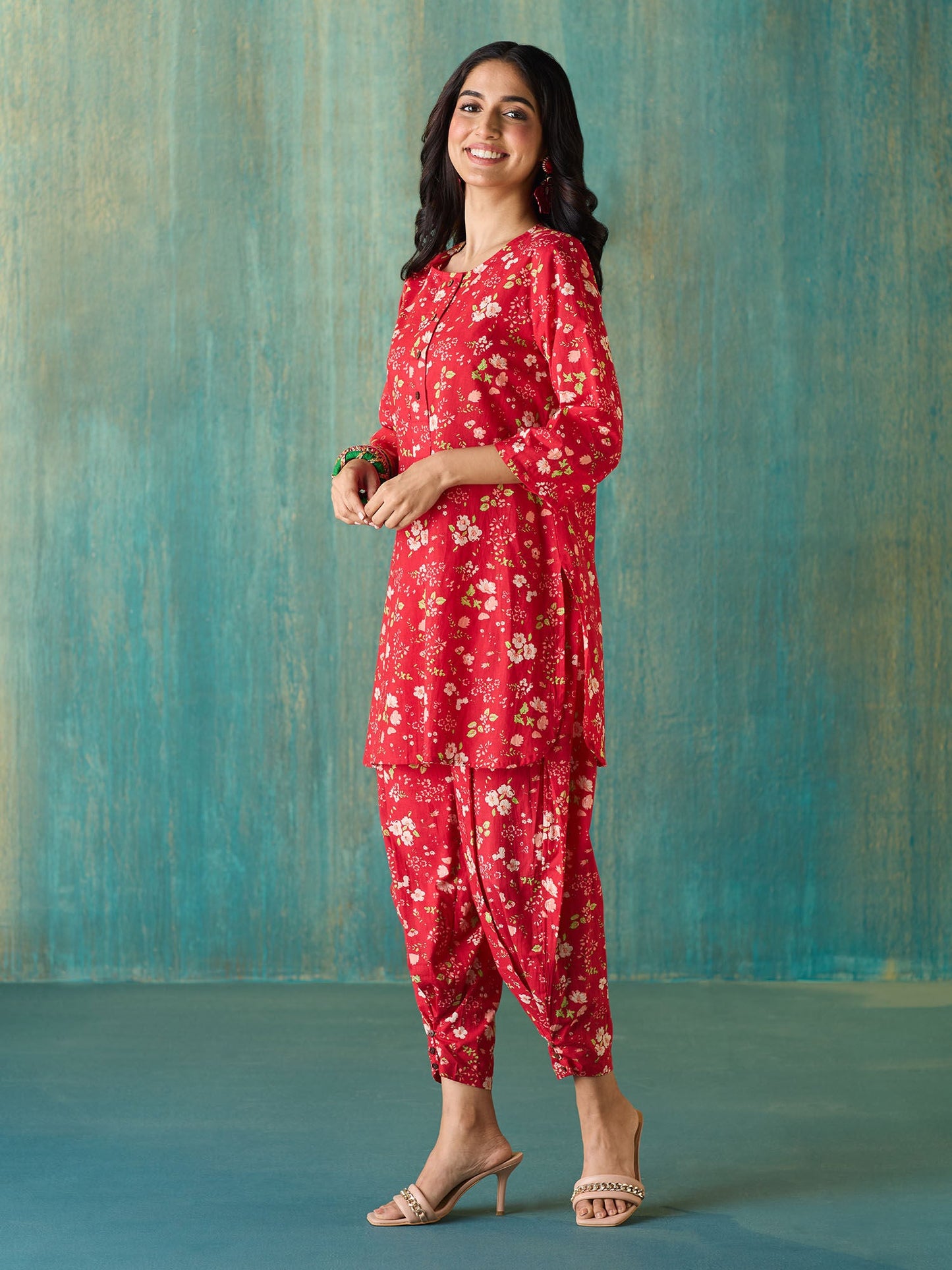 Likha Red Ethnic Bloom Floral Printed Co-ord Set LIKSKD292 (Set of 2)