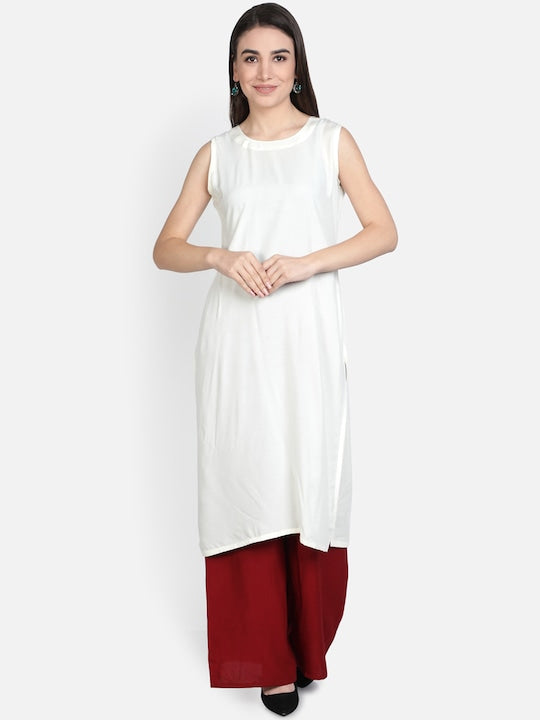 Fabclub Women White & Red Kurta With Pleated Jacket Kurta