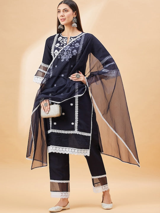 All about you Ethnic Motifs Embroidered Regular Liva Kurta With Trousers & Dupatta