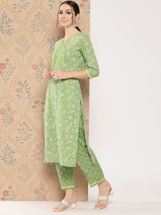 Yufta Women Floral Printed Regular Sequinned Pure Cotton Kurta Set