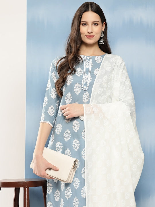 Yufta Women Blue Ethnic Motifs Printed Regular Thread Work Pure Cotton Kurta with Palazzos & With Dupatta