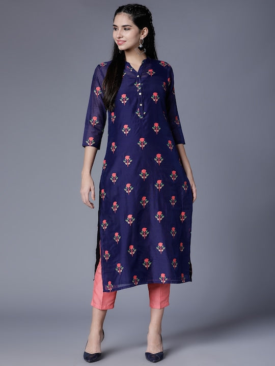 Vishudh Women Navy Blue & Pink Floral Printed Straight Kurta