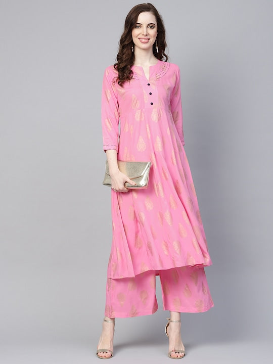 Yufta Women Pink & Golden Printed Kurta with Palazzos