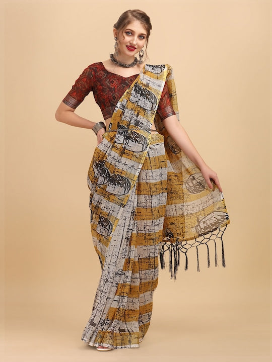 Sangria Mustard & Black Abstract Printed Pure Linen Saree