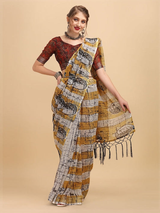 Sangria Mustard & Black Abstract Printed Pure Linen Saree