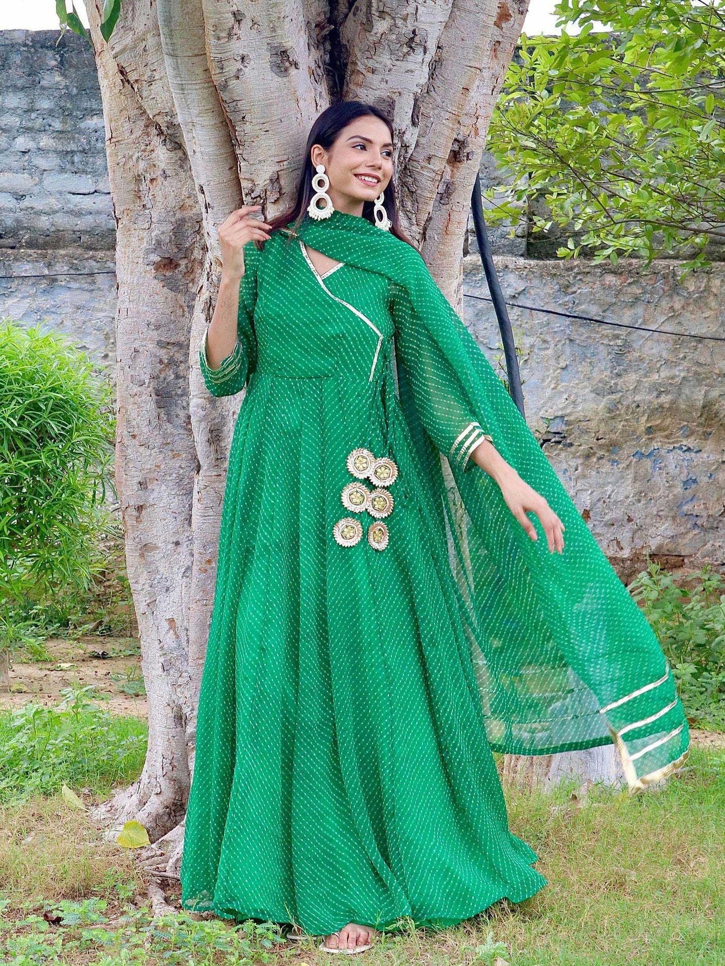 ONEWE INDIA Rakhi Mothra Anarkali Set (Set of 3) - Green
