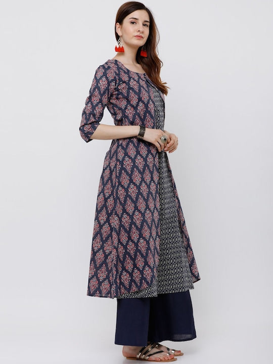 Vishudh Women Navy Blue and Pink Printed Layered A-Line Kurta