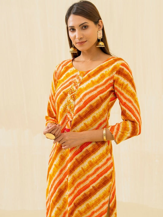 Sangria Leheriya Printed Round Neck Gotta Patti Straight Kurta