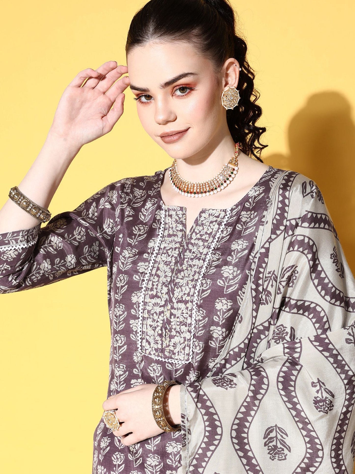 ISHIN Womens Silk Blend Purple Printed A-Line Kurta Trouser Dupatta (Set of 3)