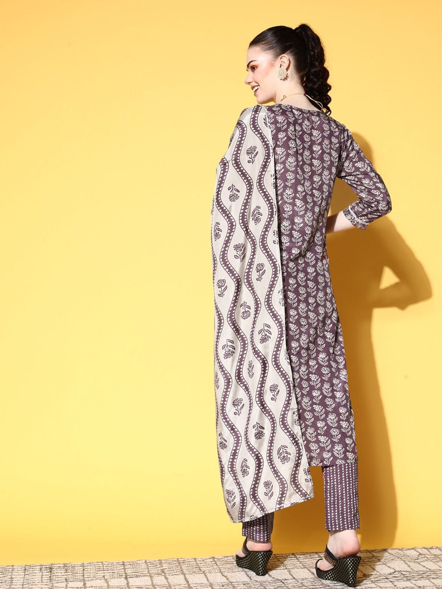 ISHIN Womens Silk Blend Purple Printed A-Line Kurta Trouser Dupatta (Set of 3)