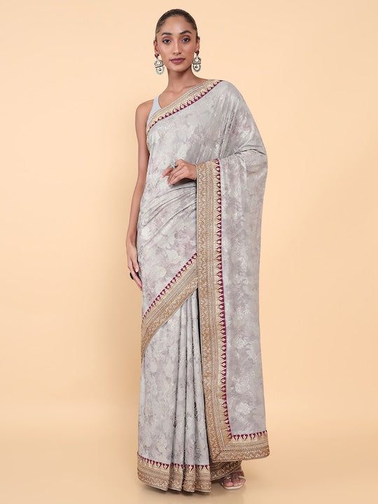 Soch Grey & Gold Toned Floral Silk Blend Tussar Saree
