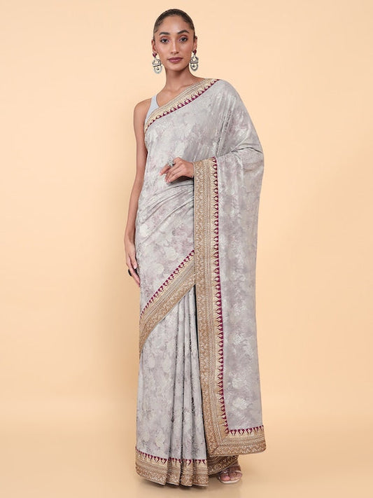 Soch Grey & Gold Toned Floral Silk Blend Tussar Saree