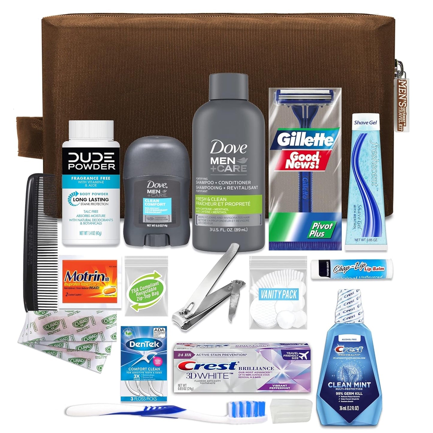 Convenience Kits International MenÕs Premium 20-Piece Kit with Travel Size TSA Compliant Essentials, Featuring: Dove Men & Care Products in Brown Dopp Bag