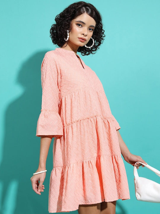 Vishudh Peach Coloured Embroidered Bell Sleeves Tiered A-Line Dress