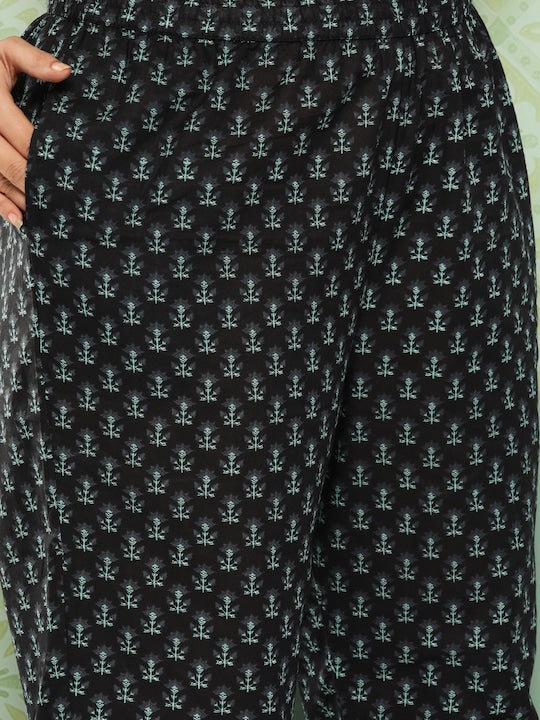 Yufta Plus Size Floral Printed Sequinned Pure Cotton Kurta with Trousers & Dupatta