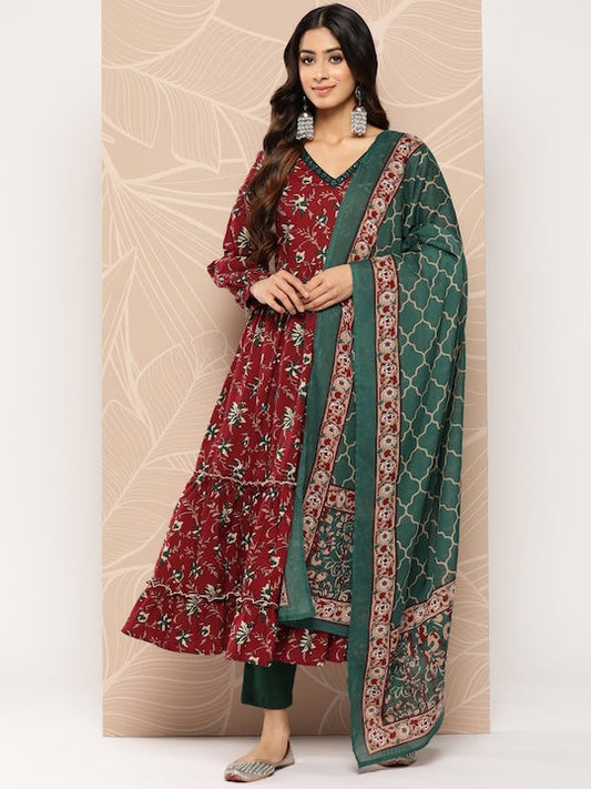 Yufta Floral Printed Regular Pure Cotton Kurta with Trousers & With Dupatta