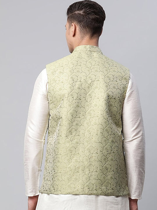 Jompers Men Green Embellished Nehru Jackets