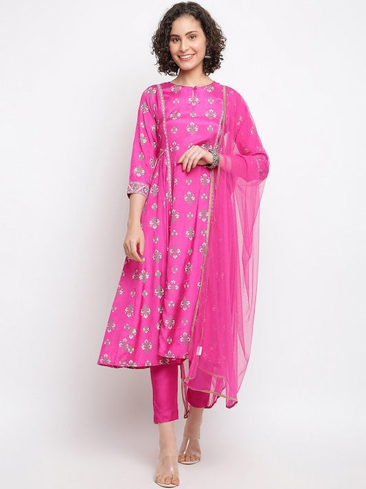 IMARA Floral Printed Anarkali Kurta with Churidar & Dupatta