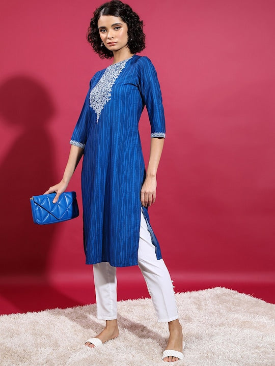 Vishudh Women Blue Ethnic Motifs Thread Work Kurta