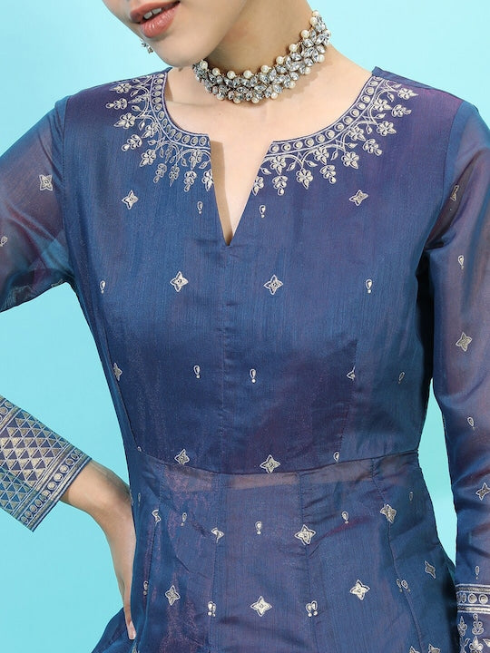 Vishudh Women Blue Ethnic Motifs Embroidered Kurta with Trousers