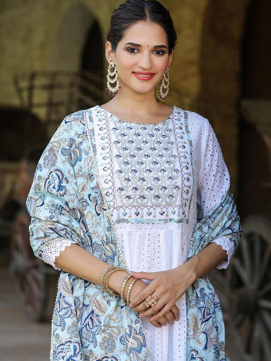 Scakhi Floral Embroidered Empire Mirror Work Pure Cotton Kurta With Trousers & Dupatta