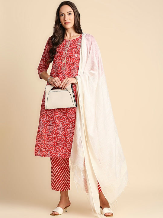 Anubhutee Bandhani Printed Sequined Pure Cotton Kurta with Trousers & Dupatta