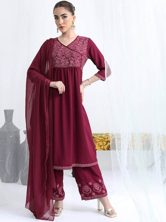 Vishudh Ethnic Motifs Yoke Design Angrakha Kurta With Palazzos & Dupatta