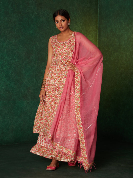 Likha Pink Floral Printed Anarkali Set & Dupatta(Set of 3) LIKSKD181 (Set of 3)