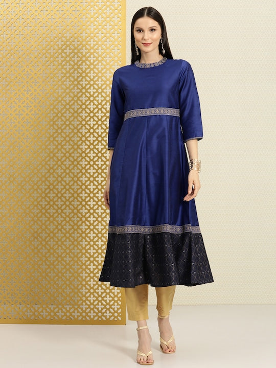 House of Pataudi Women Blue Colourblocked Thread Work Indigo Anarkali Kurta