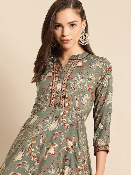 All about you Grey & Green Floral Printed Notch Neck Liva Maxi Dress