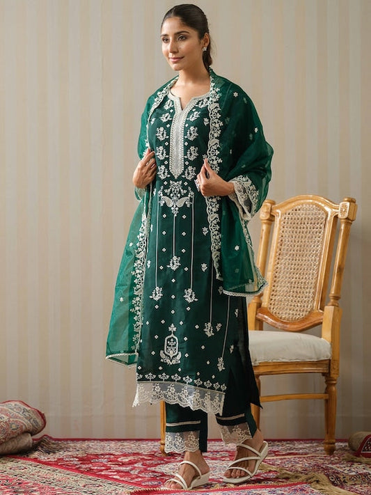 House of Pataudi Ethnic Motifs Embroidered Straight Kurta With Trouser & Dupatta Set