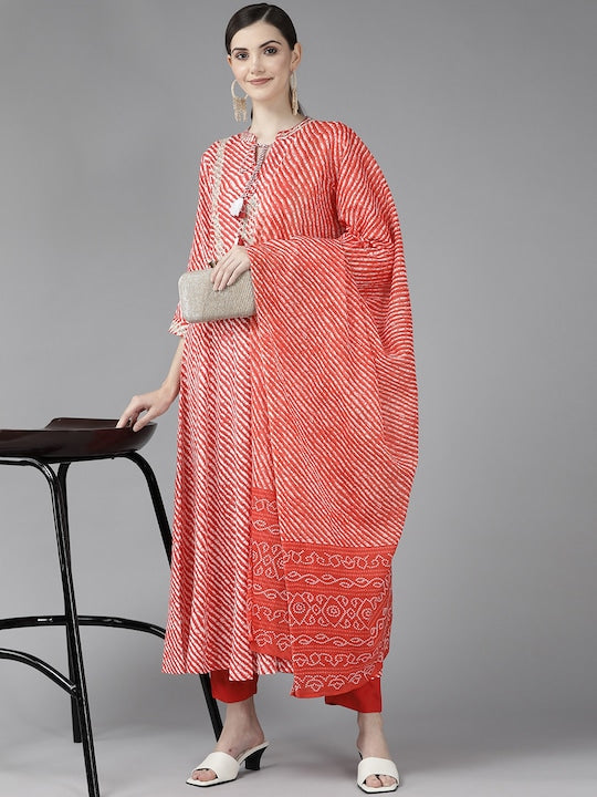 Yufta Women Rust Red & White Leheriya Sequinned Kurta with Trousers & With Dupatta