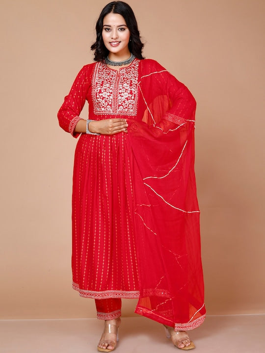 Here&now Floral Embroidered Mirror Work A-line Kurta With Trousers & Dupatta