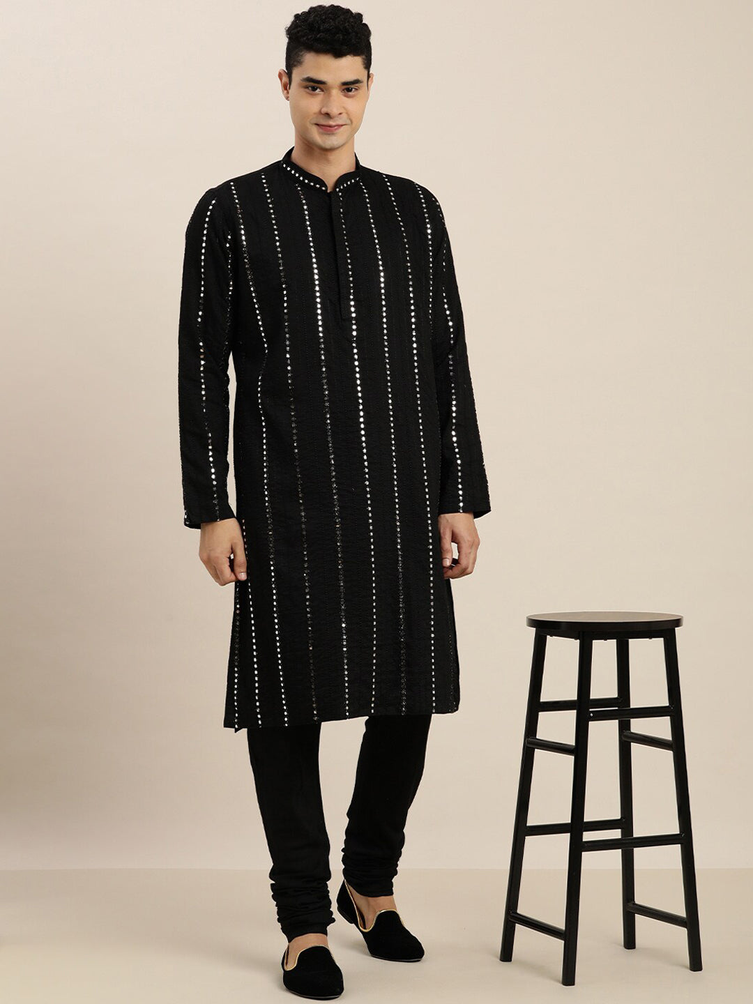 Vastramay Men Black Mirror Work Kurta