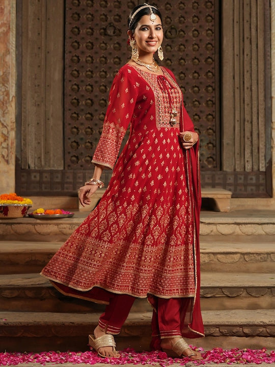 Scakhi Women Red Ethnic Motifs Printed Empire Gotta Patti Kurta with Trousers & With Dupatta
