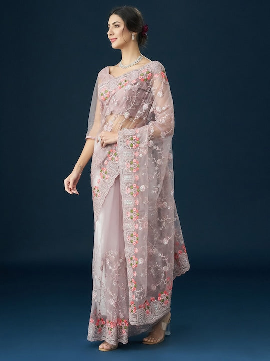 Kasee Floral Embroidered Net Saree