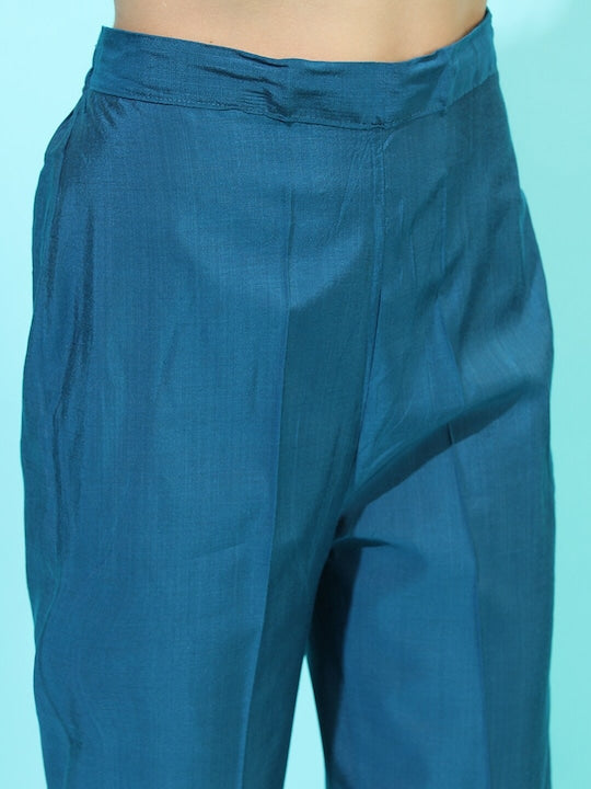 Vishudh Women Blue Ethnic Motifs Embroidered Kurta with Trousers