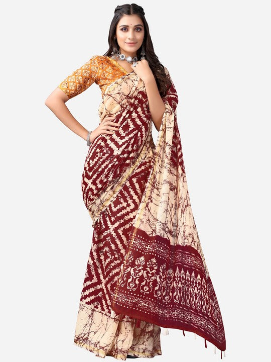Satrani Cream-Coloured & Maroon Ethnic Motifs Printed Polycotton Saree