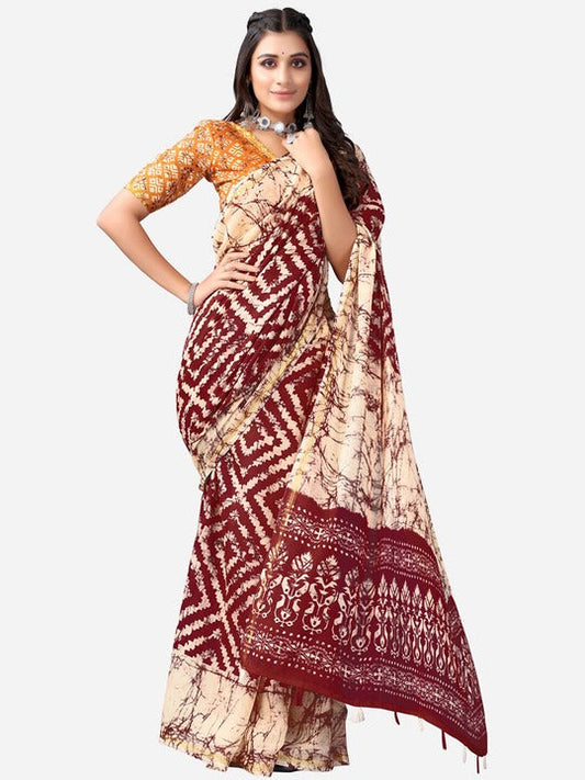 Satrani Cream-Coloured & Maroon Ethnic Motifs Printed Polycotton Saree