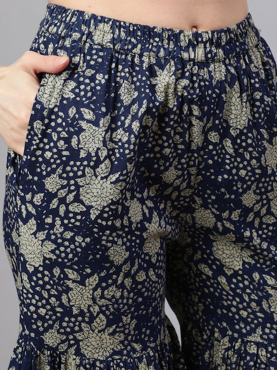 AKS Couture Floral Printed Square Neck Gotta Patti Pure Cotton Kurta with Sharara