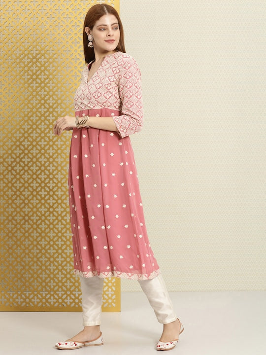 House of Pataudi Women Pink Ethnic Motifs Embroidered Jashn Kurta