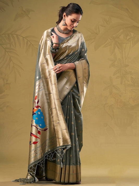 Sangria Grey Ethnic Woven-Designed Festive Saree With Blouse Piece