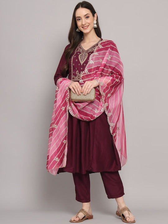 Myshka Ethnic Motifs Embroidered Gotta Patti Pure Silk Kurta With Trousers & Dupatta