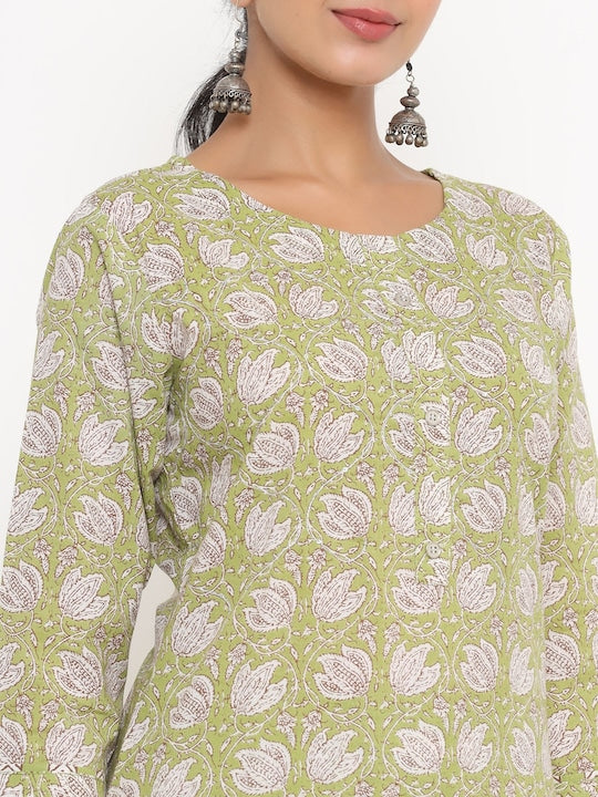 Yufta Green Floral Printed Pure Cotton Kurta with Trousers